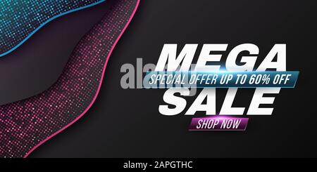 Mega sale poster with liquid design. Wavy shapes with effect halftone. Seasonal shopping. Advertising banner for your advertisement. Vector illustrati Stock Vector