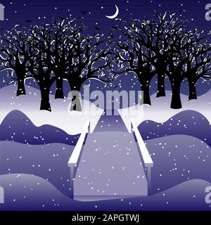 Winter night landscape: leafless trees in the snow, a bridge through the frozen river. young moon in the sky, snowfall Stock Vector