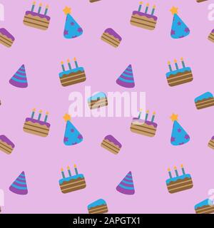 cartoon birthday cakes and festive caps on light pink background Stock Vector