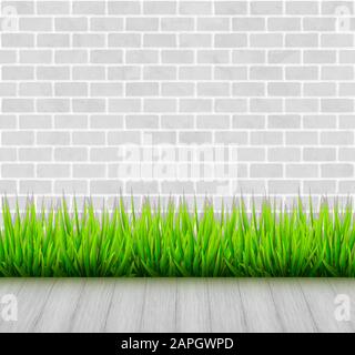 Brick wall with green grass and wooden floor vector background Stock Vector