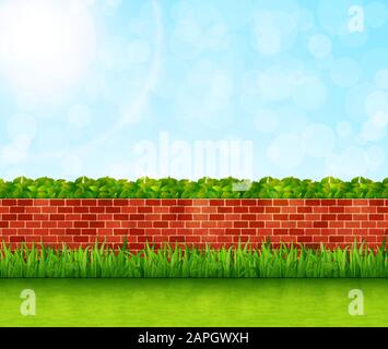 Garden background with brick wall and green grass vector Stock Vector