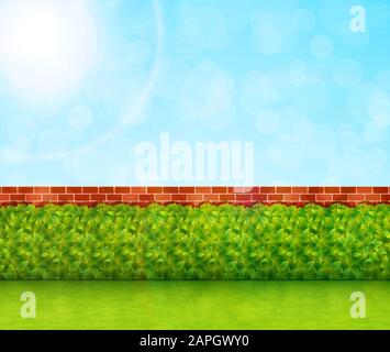 Garden background with green grass and brick wall vector Stock Vector