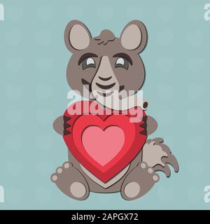 A Valentine's Day vector drawing of a cute paper cut out anteater holding a red heart in its paws. The animal is gray-brown on a blue background. Stock Vector