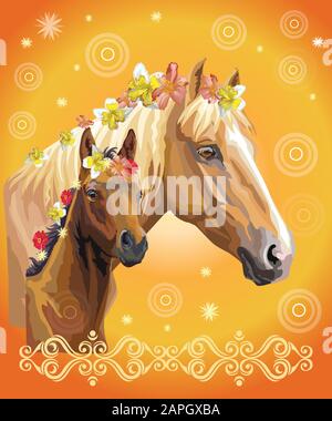 Mare and foal vector colorful realistic illustration. Portrait of horses with different flowers in mane isolated on orange gradient background with de Stock Vector