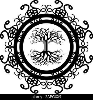 Yggdrasil - vikings' world tree in black ornamented circle, pagan symbol Stock Vector