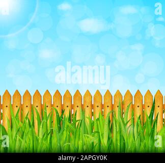 Garden background with green grass and wooden fence vector Stock Vector