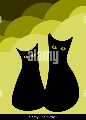 Two cartoon yellow-eyed black cats on abstract bright yellow background Stock Vector