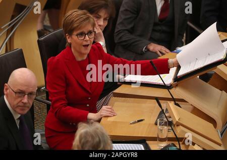 First Minister Nicola Sturgeon in the debating chamber during FMQs at the Scottish Parliament in Edinburgh. PA Photo. Picture date: Thursday January 23, 2020. See PA story SCOTLAND Questions. Photo credit should read: Andrew Milligan/PA Wire Stock Photo