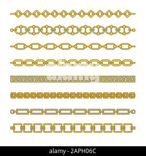 Gold chains with different weaving. Expensive gold jewelry. Stock Vector