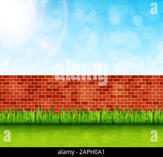 Garden background with brick wall and green grass vector Stock Vector