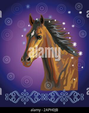 Bay horse, vector colorful realistic illustration. Portrait of running bay horse with stars in long mane isolated on dark blue gradient background wit Stock Vector