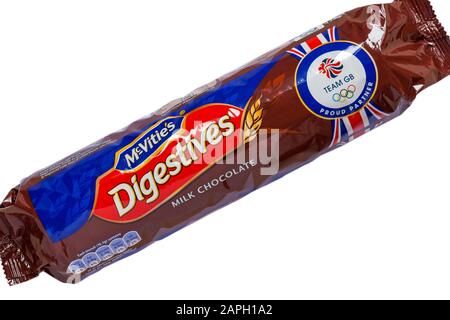 packet of McVitie's milk chocolate Digestives biscuits set on white background Stock Photo
