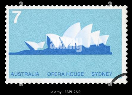 AUSTRALIA - CIRCA 1973: A used postage stamp from Australia, depicting an illustration of the Sydney Opera House in Australia, circa 1973. Isolated on Stock Photo