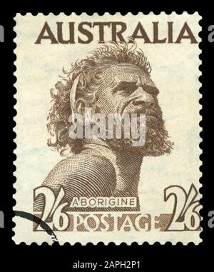 AUSTRALIA - CIRCA 1952: A postage stamp printed in the Australia showing an Aborigine Man named One Pound Jimmy, circa 1952. Stock Photo