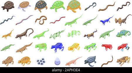 Reptiles and amphibians icons set, isometric style Stock Vector