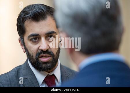 Edinburgh, UK. 23 January 2020.   Pictured: Humza Yousaf MSP - Cabinet Secretary for Justice of the Scottish National Party (SNP), seen during a live television interview in the Scottish Parliament. Credit: Colin Fisher/Alamy Live News Stock Photo