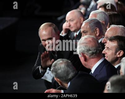 Jerusalem, Israel. 23rd Jan, 2020. Russian President Vladimir Putin greets other leaders during the Fifth World Holocaust Forum at the Yad Vashem Holocaust memorial museum in Jerusalem, Israel, on Thursday, January 23, 2020. World leaders are marking the 75th anniversary of the liberation of the Nazi extermination camp Auschwitz. Pool Photo by Abil Sultan/UPI Credit: UPI/Alamy Live News Stock Photo