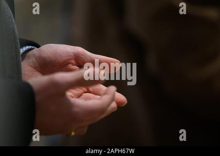 23 January 2020, Baden-Wuerttemberg, Stuttgart: A man prays during a service. Photo: Sebastian Gollnow/dpa Stock Photo