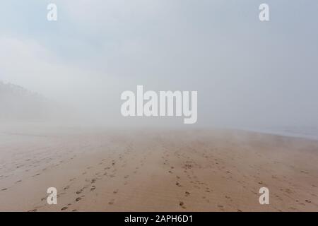 Ocean beach in dense fog with footprints on sand Stock Photo