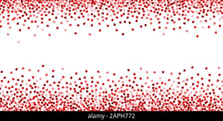 Red and pink hearts confetti on white background. Valentines Day vector border Stock Vector