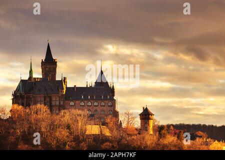 Historic Wernigerode Castle in the autumnal evening light Stock Photo