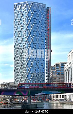 Newfoundland landmark apartment skyscraper tower block construction site exterior complete interior building work in progress Canary Wharf London UK Stock Photo