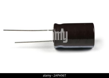 Electrolytic capacitor isolated on white background. High resolution photo. Full depth of field. Stock Photo