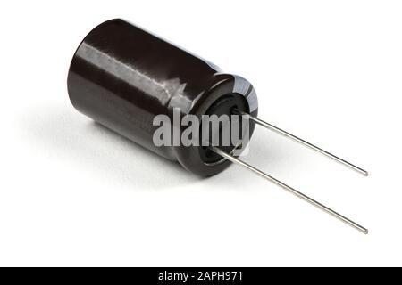 Electrolytic capacitor isolated on white background. High resolution photo. Full depth of field. Stock Photo
