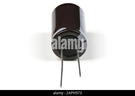 Electrolytic capacitor isolated on white background. High resolution photo. Full depth of field. Stock Photo