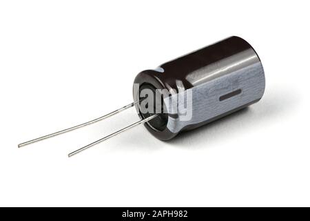 Electrolytic capacitor isolated on white background. High resolution photo. Full depth of field. Stock Photo