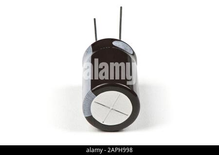 Electrolytic capacitor isolated on white background. High resolution photo. Full depth of field. Stock Photo