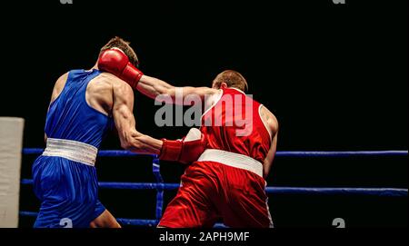 boxing match in ring boxers exchange of blows Stock Photo