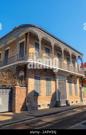 Closed house with shutters and balconies in the French Quarter, New Orleans, USA Stock Photo