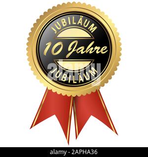 seal colored black and gold with red ribbons for ten years jubilee Stock Vector