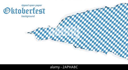 vector of ripped open white paperwith blue and white checkered German Oktoberfest background Stock Vector
