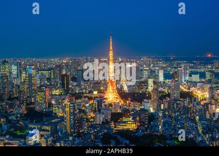 Tokyo tower night time, wide angle view, Japan. Stock Photo