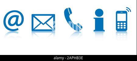 Contact Us – set of blue colored icons with reflection Stock Vector