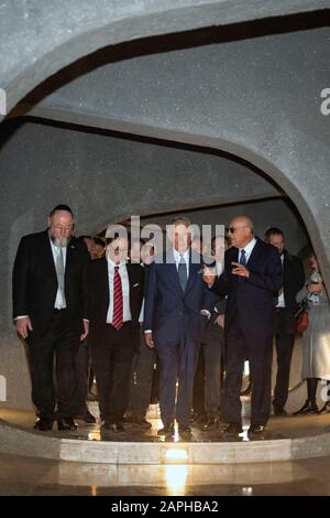 The Prince of Wales (second right) walks with Chairman of the Board of Directors of the Israel Museum Isaac Molho (right) and Chief Rabbi Ephraim Mirvis (left) during a visit to the Shrine of the Book at the Israel Museum in Jerusalem on the first day of his visit to Israel and the occupied Palestinian territories. PA Photo. Picture date: Thursday January 23, 2020. See PA story ROYAL Charles. Photo credit should read: Victoria Jones/PA Wire Stock Photo