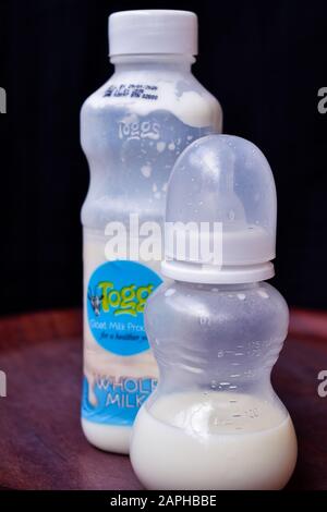 Kiambu/Kenya - January 23rd 2020: a baby bottle with some milk in it placed next to a container of toggs goat milk from kibidav farm based in Kiambu. Stock Photo