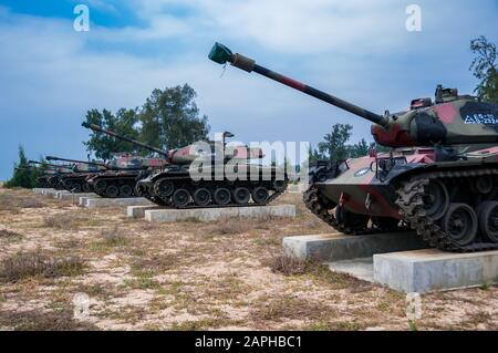 Row of Republic of China Armed Forces M41 Walker Bulldog tanks at Triangle Fort on the coast of Jinmen Island (Taiwan). Stock Photo