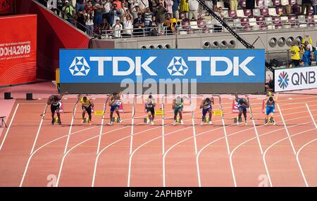 left to right Aaron Brown (CAN/8th place), Yohan Blake (JAM/5th place), Zharnel Hughes (GBR/6th place), Andre De Grasse (CAN/3rd place), Akani Simbine (RSA/4 .Place), winner Christian Coleman (USA/1st place), Justin Gatlin (USA/2nd place), Filippo goaltu (ITA/7th place), action. Run, race, start, men's 100m final, on September 28, 2019 World Athletics Championships 2019 in Doha/Qatar, from September 27. - 10.10.2019. Â | usage worldwide Stock Photo