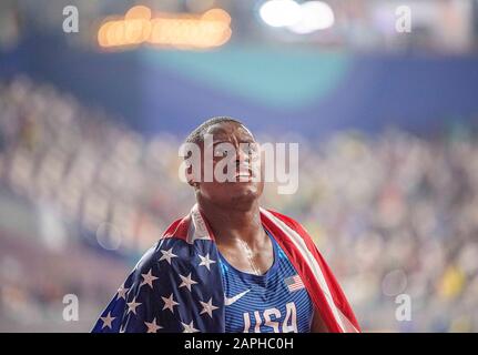 Winner Christian COLEMAN (USA/1st place). 100m final of the men, on September 28, 2019 World Athletics Championships 2019 in Doha/Qatar, from September 27. - 10.10.2019. Â | usage worldwide Stock Photo