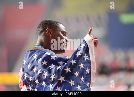 Winner Christian COLEMAN (USA/1st place). 100m final of the men, on September 28, 2019 World Athletics Championships 2019 in Doha/Qatar, from September 27. - 10.10.2019. Â | usage worldwide Stock Photo