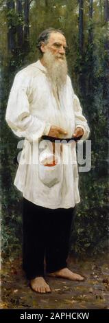 Leo Tolstoy (1828-1910), barefoot, portrait painting by Ilya Repin, 1901 Stock Photo