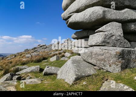 The Cheesewring, a spectacular granite tor on Bodmin moor in Cornwall near the village of Minions. Stock Photo