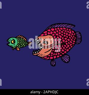 Funny piranha fish cartoon character trying to catch small fish, hand drawn doodle sketch, isolated colorful illustration on dark blue backgrou Stock Photo