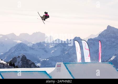 Team GB’s Jasper Klein (17) competes in the men’s Freeski Big Air final during the Lausanne 2020 Youth Olympic Games on the 22nd January 2020. Stock Photo