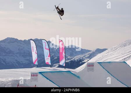 Team GB’s Jasper Klein (17) competes in the men’s Freeski Big Air final during the Lausanne 2020 Youth Olympic Games on the 22nd January 2020. Stock Photo