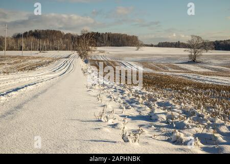 Snowy gravel road in countryside in Latvia Stock Photo