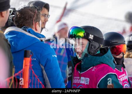 Team GB’s Kirsty Muir (15) interviewed by the BBC following a silver position in the Women’s Freeski Big Air during the Lausanne 2020 YOG Stock Photo